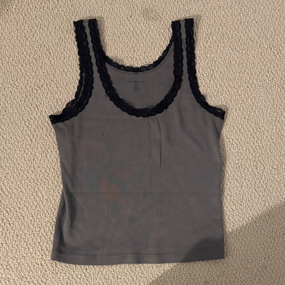 Gray Brandy Melville with Black Lace Trim Tank Top